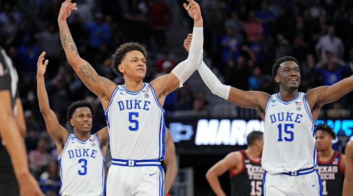 Mar 24, 2022; San Francisco, CA, USA; Duke Blue Devils guard Jeremy Roach (3) and forward Paolo Banchero (5) and center Mark Williams (15) reacts after a play against the Texas Tech Red Raiders during the second half in the semifinals of the West regional of the men’s college basketball NCAA Tournament at Chase Center. The Duke Blue Devils won 78-73.